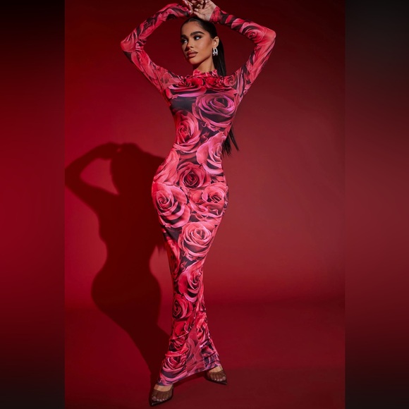 Red Rose Print Long Sleeve Dress - Picture 3 of 3